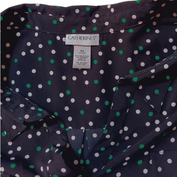 CATHERINES Blouse Top 5X Black Green White Polka Dot Career Office Dressy Casual - Picture 7 of 10